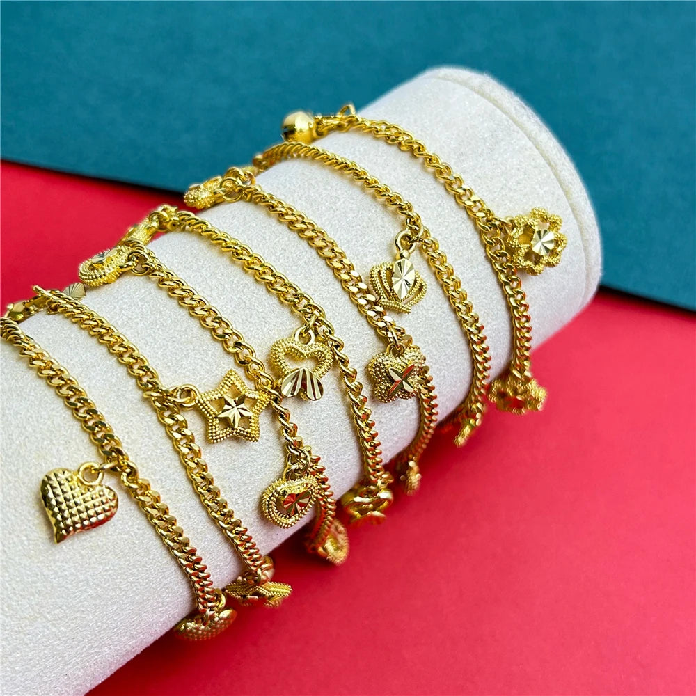 Yellow Gold Color Charm Bracelets For Women Multi Hearts Keys Stars Chain Bracelet Wristband Pulsera Femme Trendy Jewelry Gifts