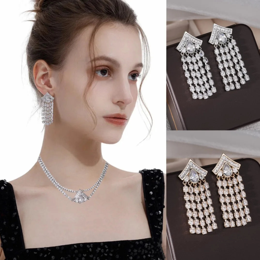 Bilincolor Droplet Shaped Zircon Tassel Earrings For Women