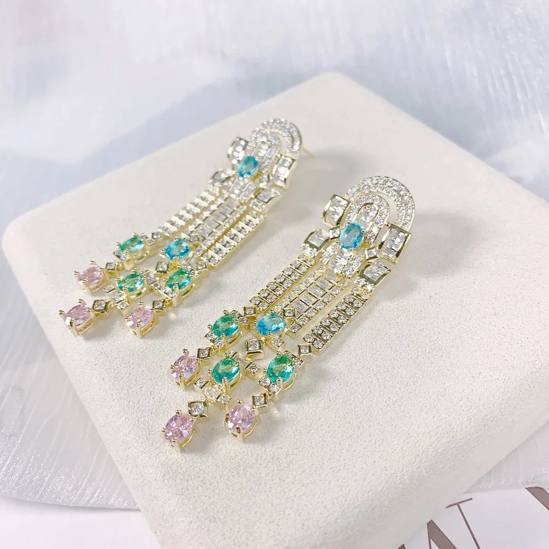 Bilincolor  Light Luxury Colorful Gem Tassel Earrings for Women