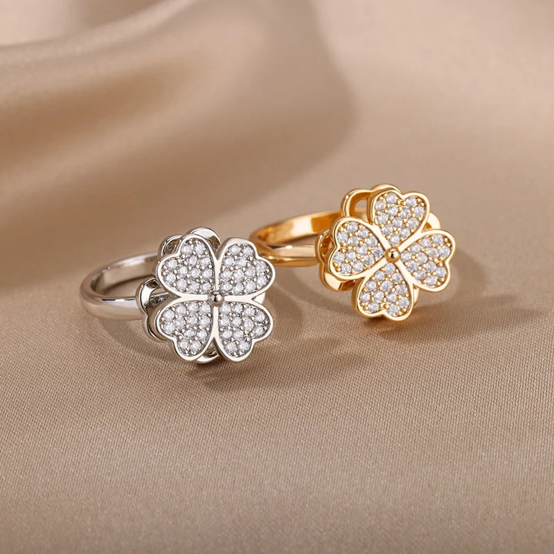 Heart Four Leaf Clover Rings for Women Adjustable Lucky Stainless Steel Ring 2024 Trend Wedding Luxury Jewelry anillos mujer