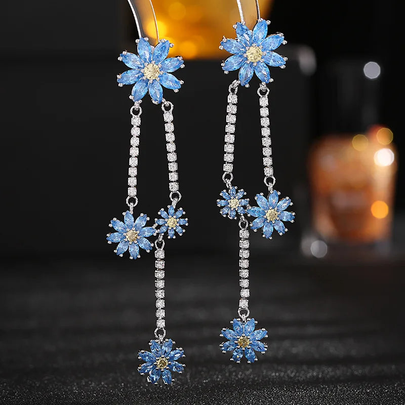 Bilincolor New Luxury Multi-layer Long Blue Zircon Flower Daisy Earrings for Gift