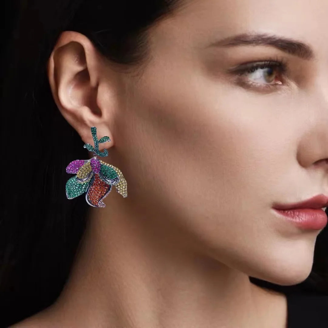 Bilincolor New Plant Flower Colored Zircon Petal Earrings for Women