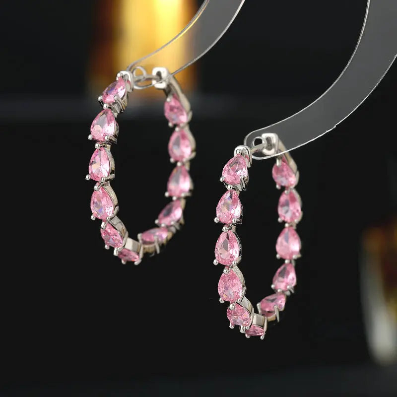 Bilincolor Drop Shaped Zircon Inner and Outer Inlaid Ring Earrings For Women or Girls  Chrismas' Gift