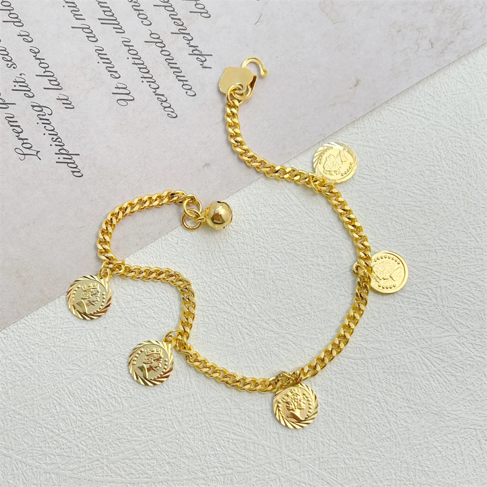 Women's Hand Bracelets Gold Color Round Coin Charm Bracelet Chain 18.5cm Pulsera Femme Wristband Retro Jewelry Accessories Gifts