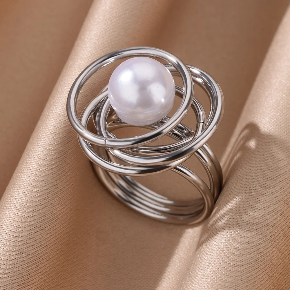 Wrap Pearl Rings for Women Gold Color Stainless Steel Ring 2024 Trend New Geometric Cross Finger Band Couple Aesthetic Jewelry