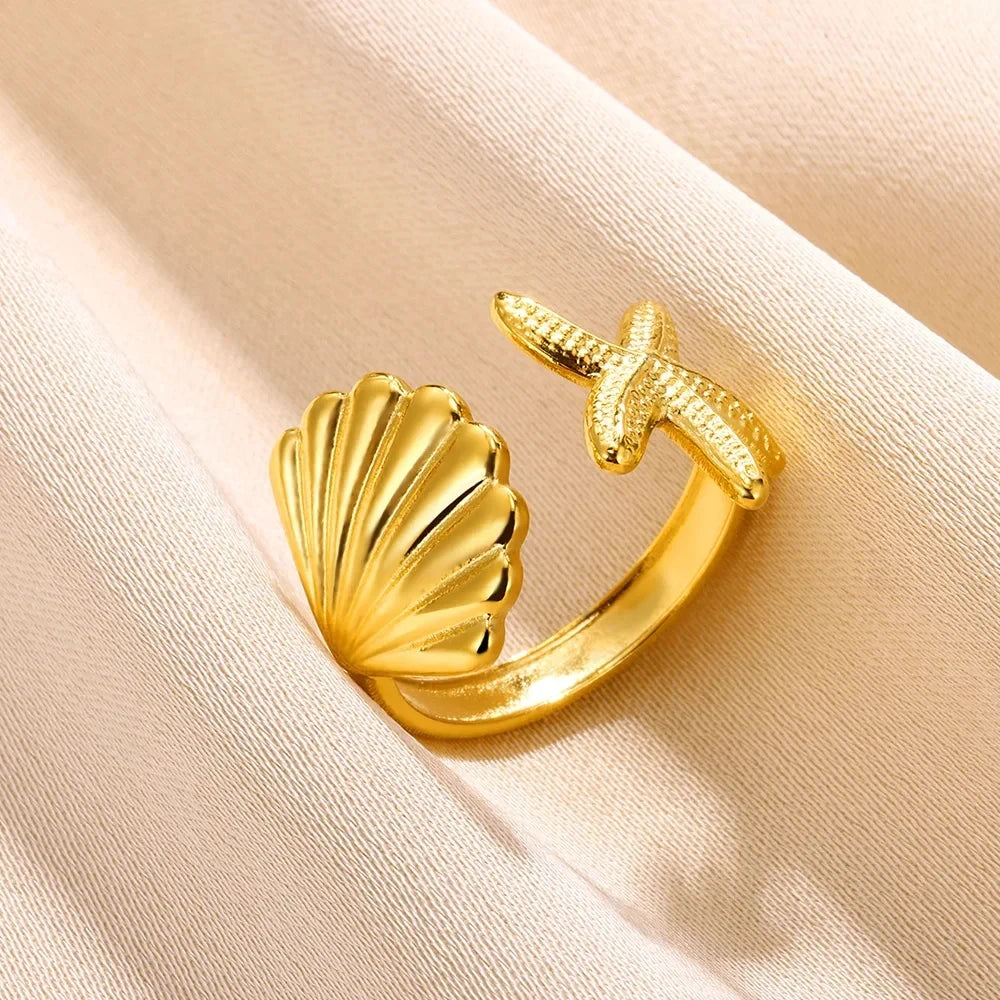 Shell Starfish Rings for Women Waterproof Gold Color Stainless Steel Ring Ocean Aesthetic Jewelry Lucky Couple Gift anillos 2024