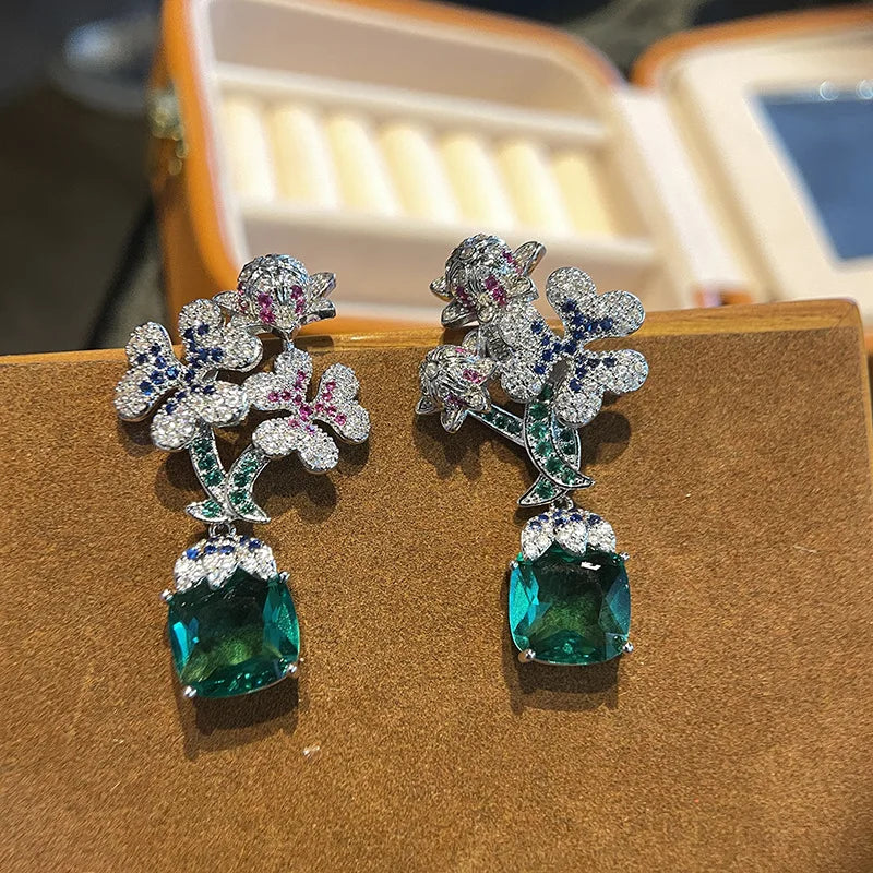 Bilincolor Silver Needle Spring Colored Zircon Flower Cluster  Earrings for Women