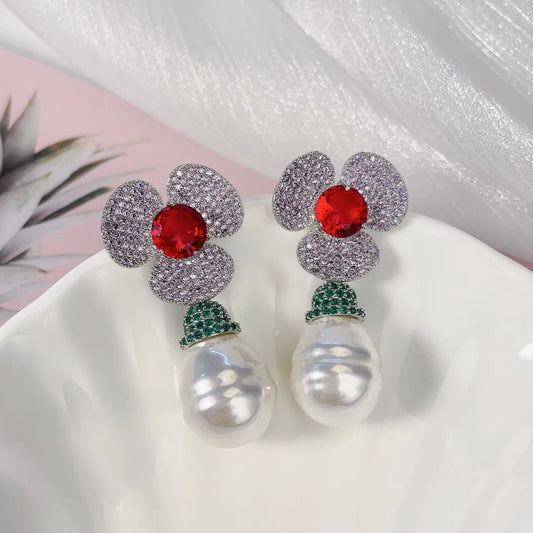 Bilincolor Fashion Three-dimensional Flower Drop Pearl Earrings for Women