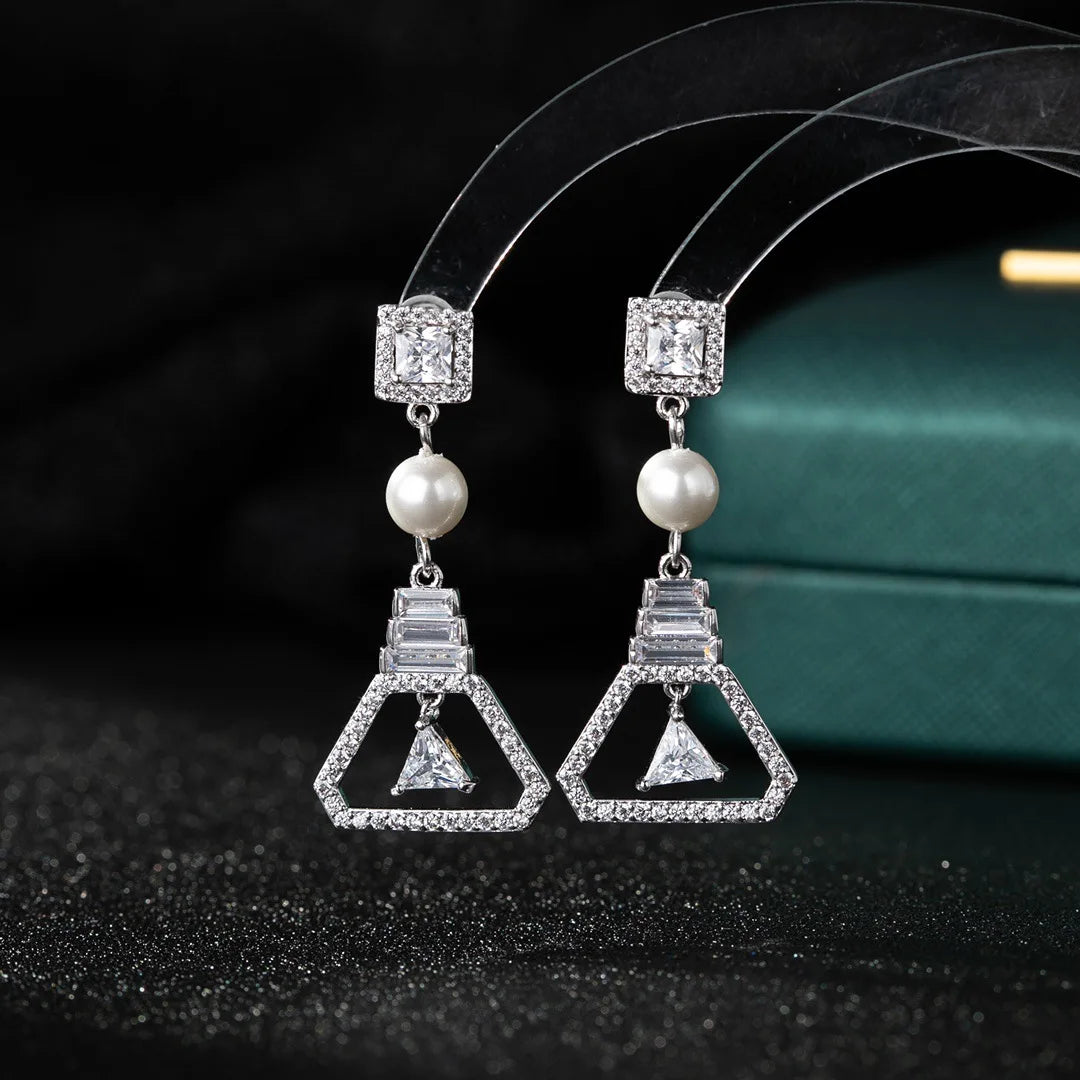 Bilincolor  Exquisite Triangular Colored Zircon Pearl Earrings for Women