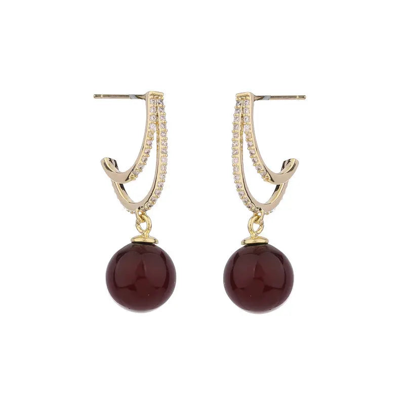 Bilincolor Light Luxury  Acacia Red Bean Wine Red Pearl Earrings  for Wedding or Party