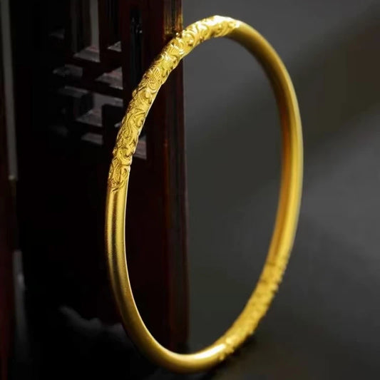 24k Gold Color Carving Flower Round Circle Cuff Bangle Bracelets for Women Wedding Jewelry Party Gifts Wholesale