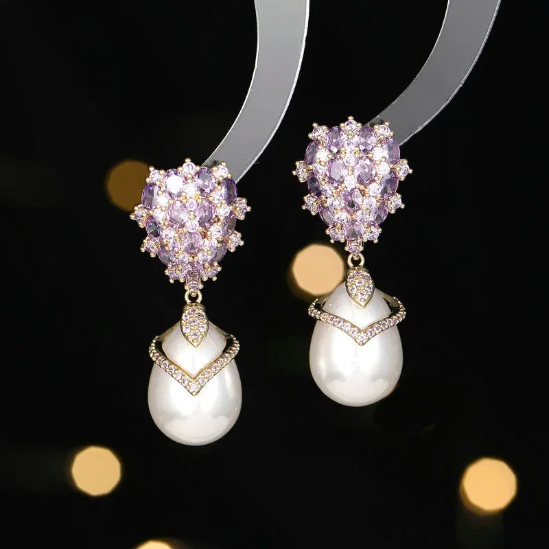 Bilincolor Luxury Zircon Drop Pearl Earrings  for Wedding or Party