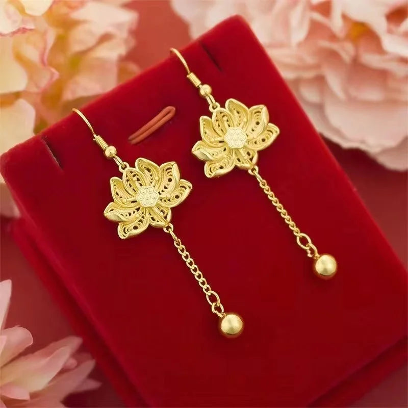 24k Gold Color Lotus Big Flower Long Tassel Earrings for Women Wedding Jewelry Accessories Wholesale Gifts