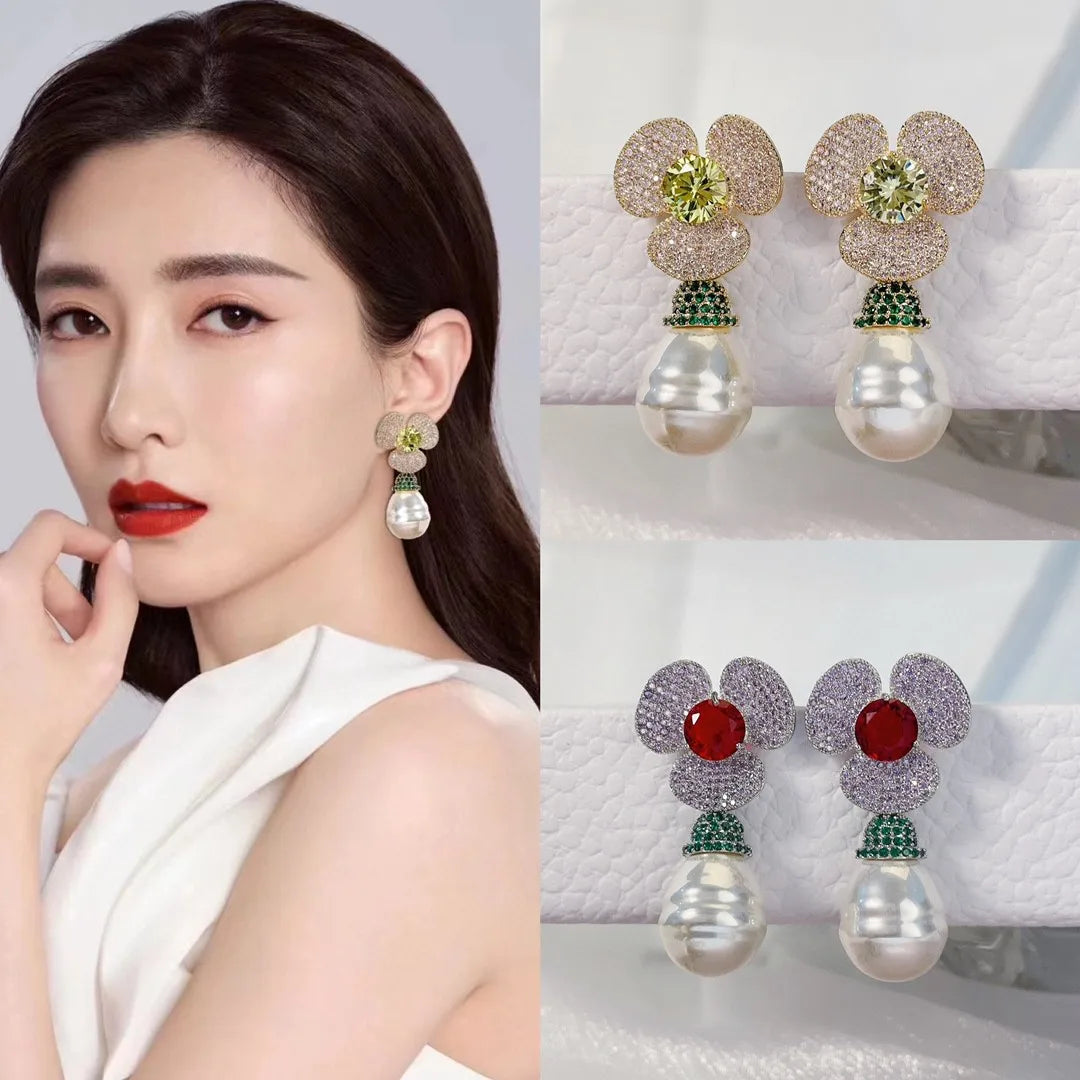 Bilincolor Fashion Three-dimensional Flower Drop Pearl Earrings for Women