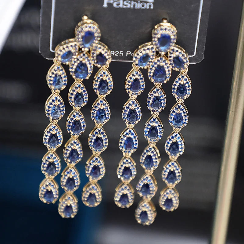 Bilincolor Micro Set Deep Blue Zircon Water Drop Tassel Earrings for Women