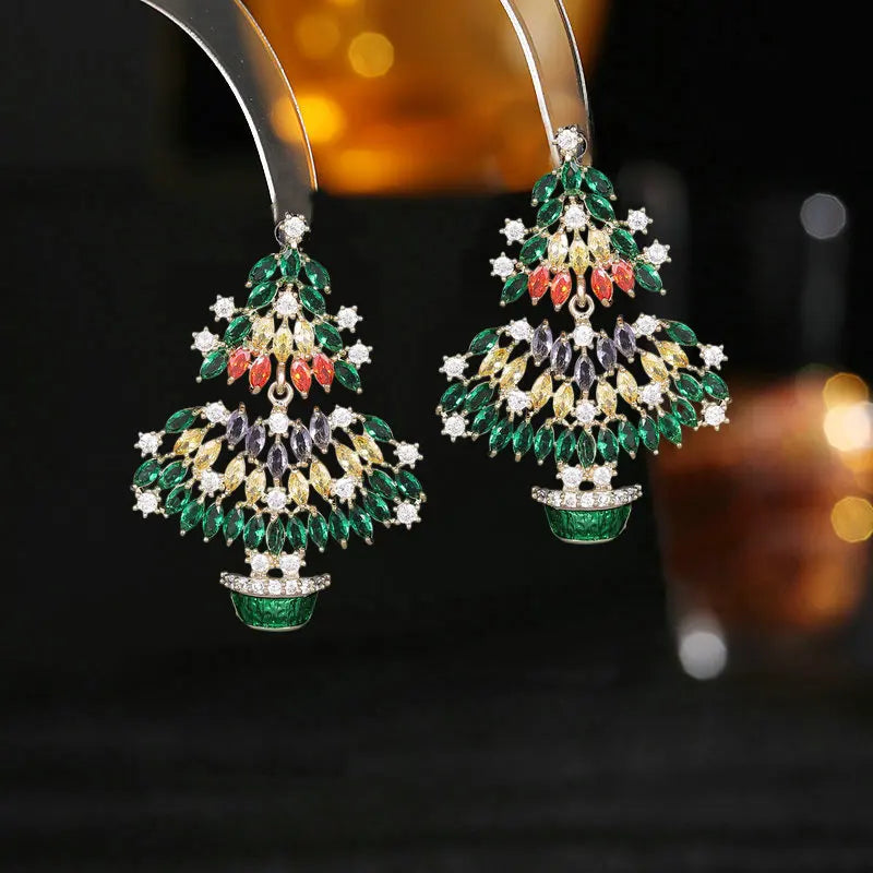 Bilincolor Luxury Colorful Zircon Inlaid Christmas Tree Earrings  for  Christmas Gift