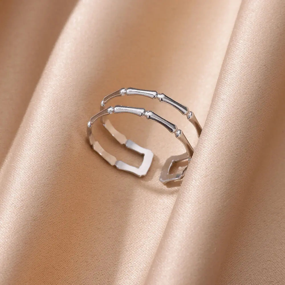 Bamboo Rings for Women Open Adjustable Stainless Steel Ring 2024 Trend Waterproof Aesthetic Party Jewelry Couple Wedding Gifts