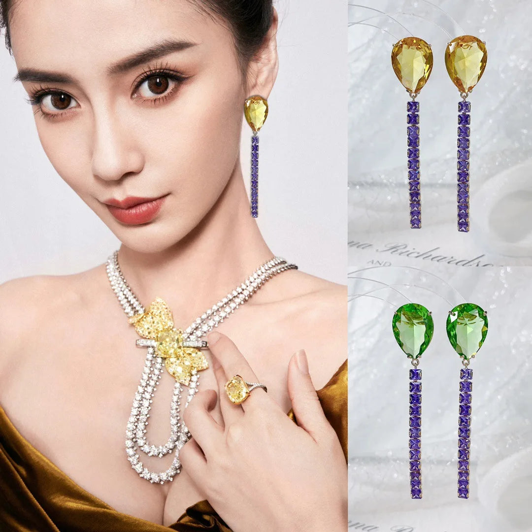 Bilincolor Droplet Shaped Colored Zircon Tassel Earrings for Women