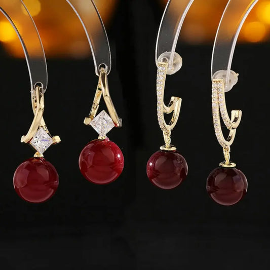 Bilincolor Light Luxury  Acacia Red Bean Wine Red Pearl Earrings  for Wedding or Party