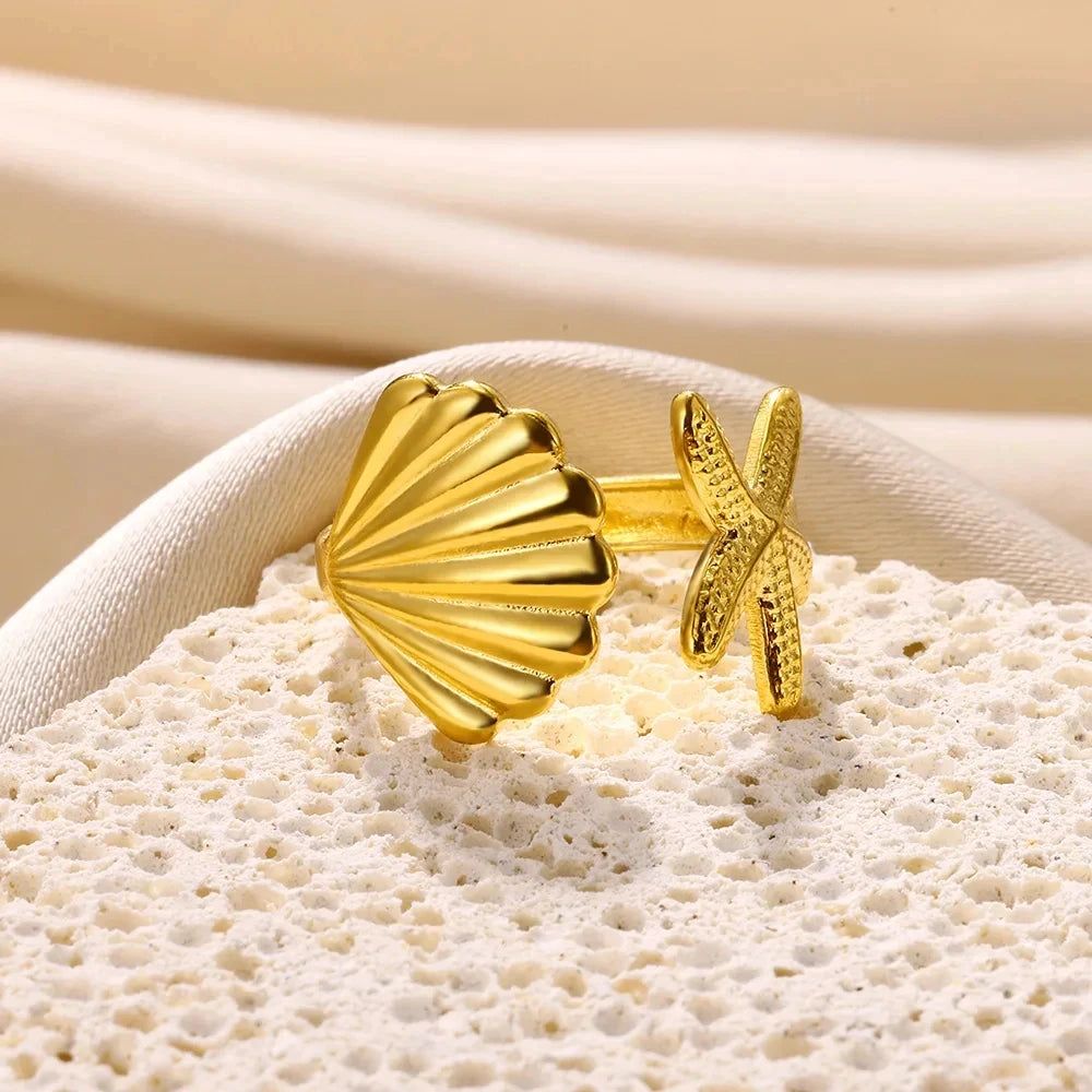 Shell Starfish Rings for Women Waterproof Gold Color Stainless Steel Ring Ocean Aesthetic Jewelry Lucky Couple Gift anillos 2024