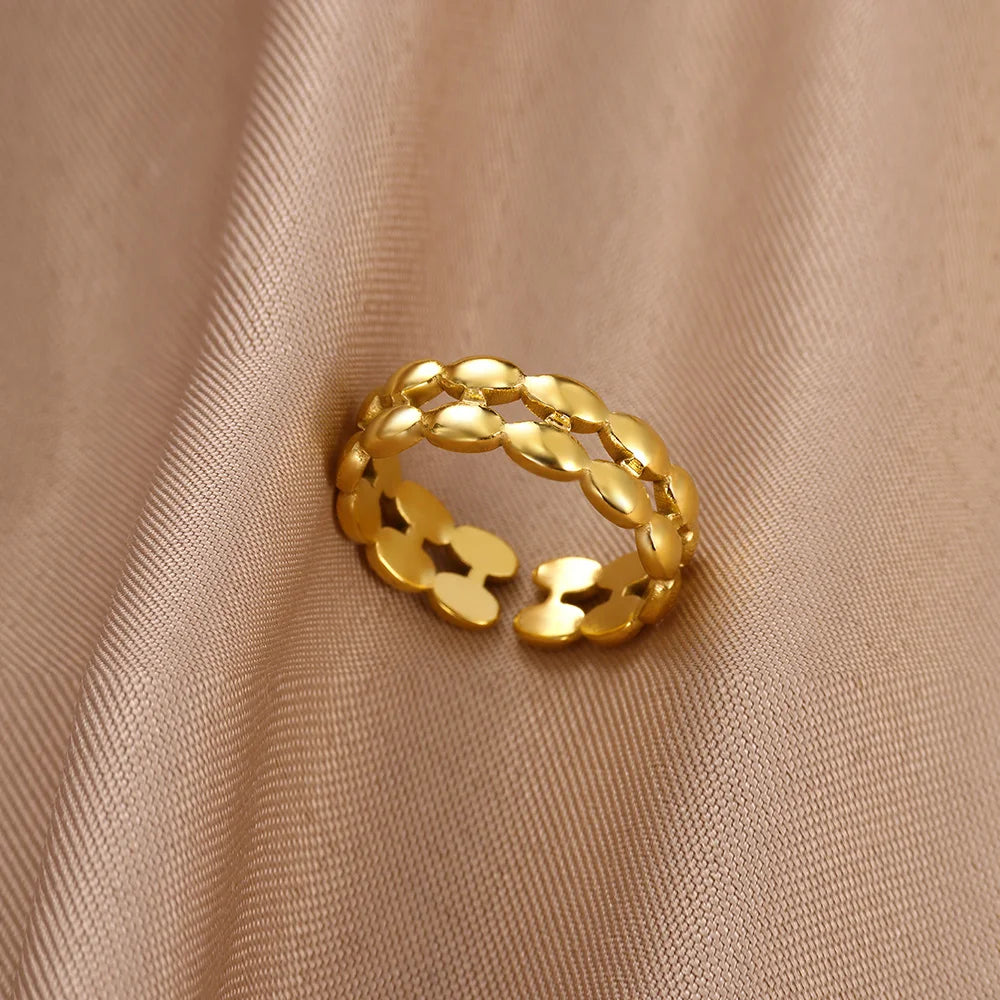 Double Layers Chain Rings for Women Gold Color Stainless Steel Ring Retro Opening Couple Band Party Wedding Jewelry anillos muej