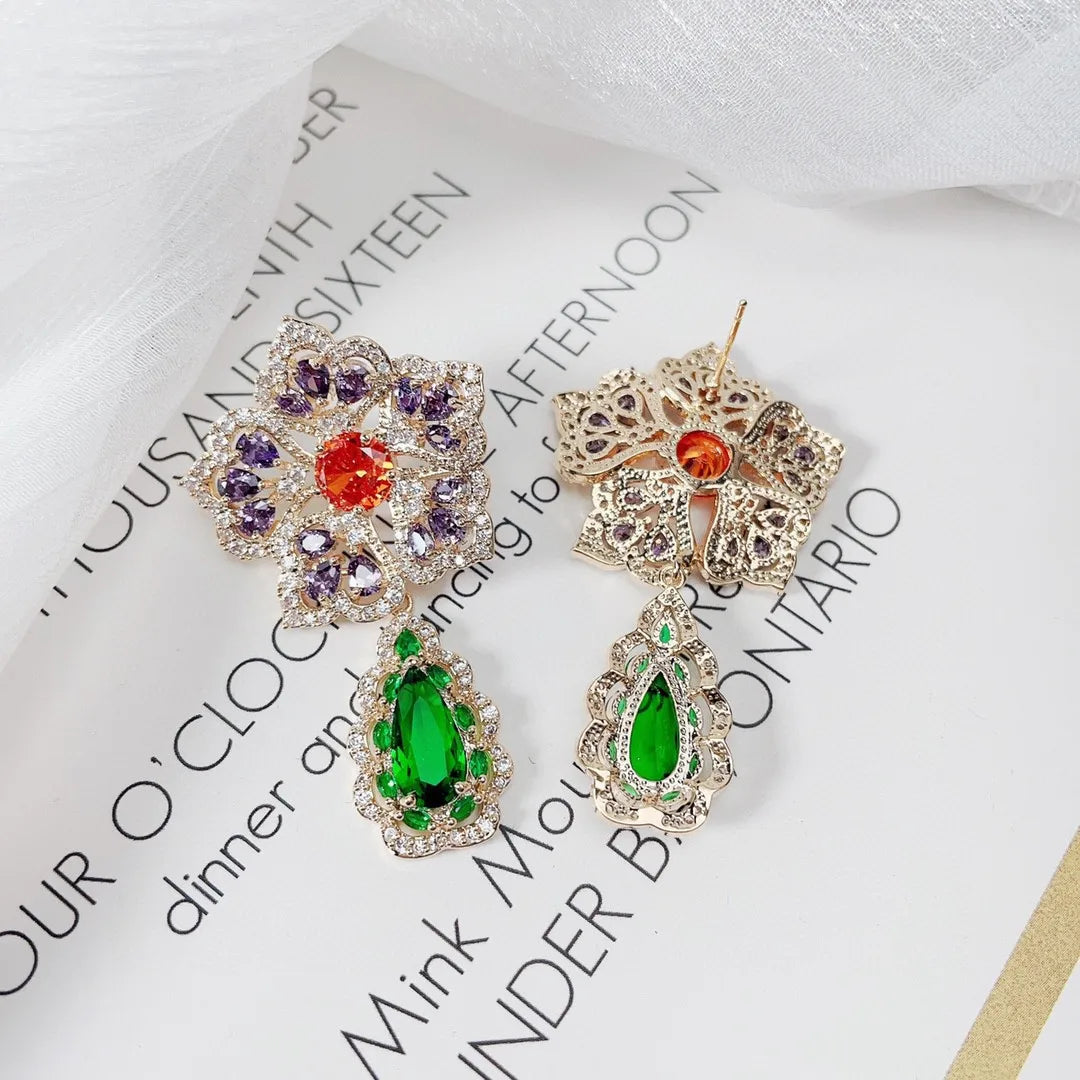 Bilincolor Fashion Micro Inlaid Zircon Three-dimensional Colorful Flower Earrings for Women  or Girls’Gift