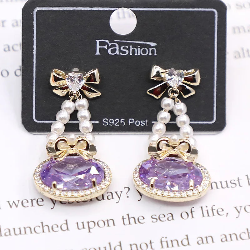 Bilincolor Bowknot Purple Oval Crystal Earrings for Women