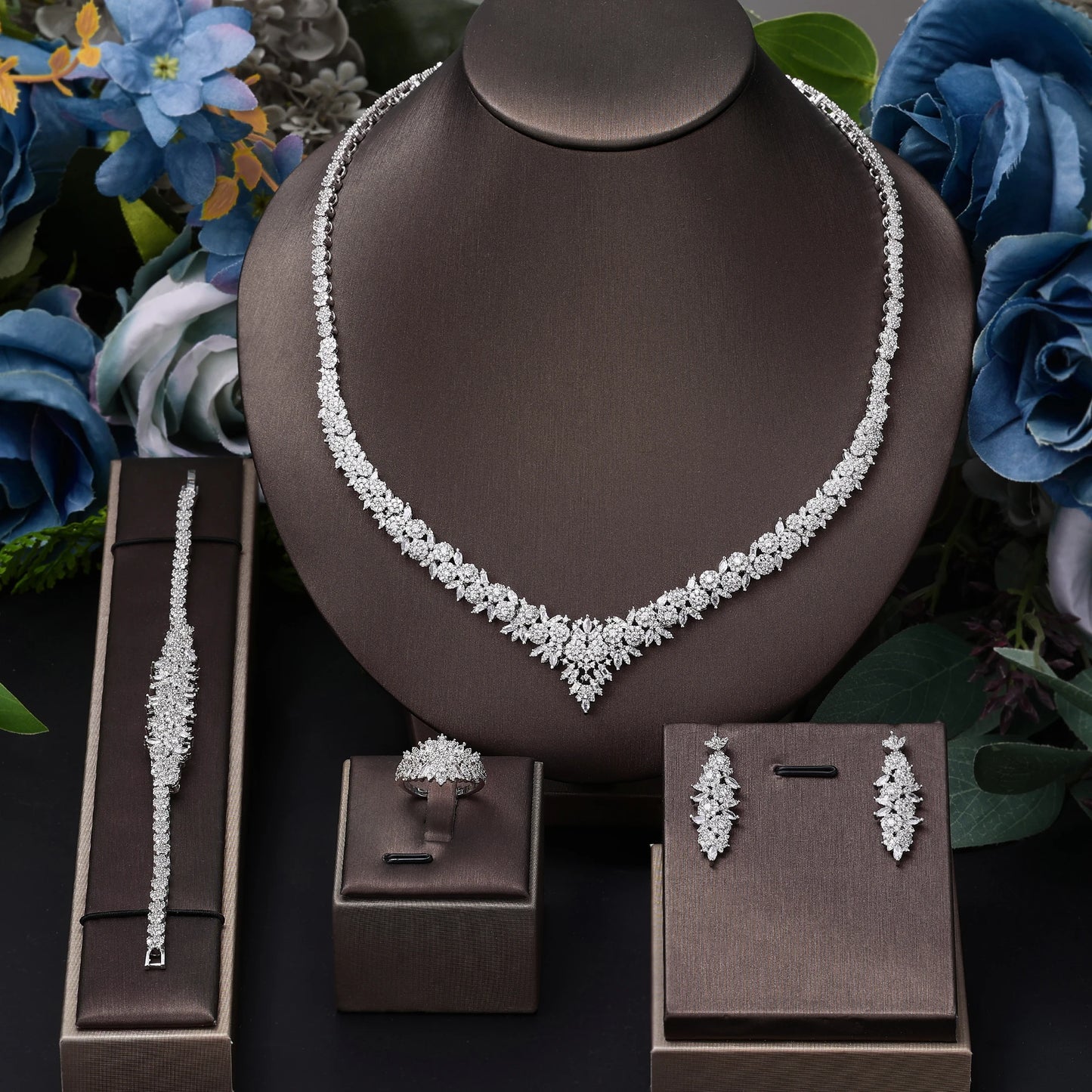 4 pieces of bride zirconia full set of women's party jewelry,  luxury crystal wedding necklace set