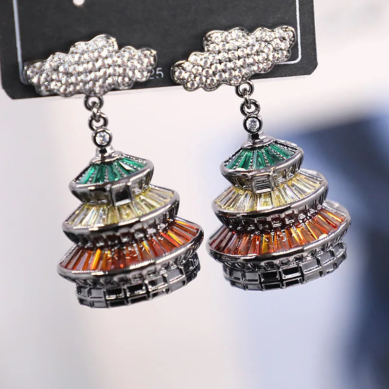 Bilincolor Micro Inlaid Zircon Chinese Style Auspicious Cloud 3D Pavilion Earrings for Women