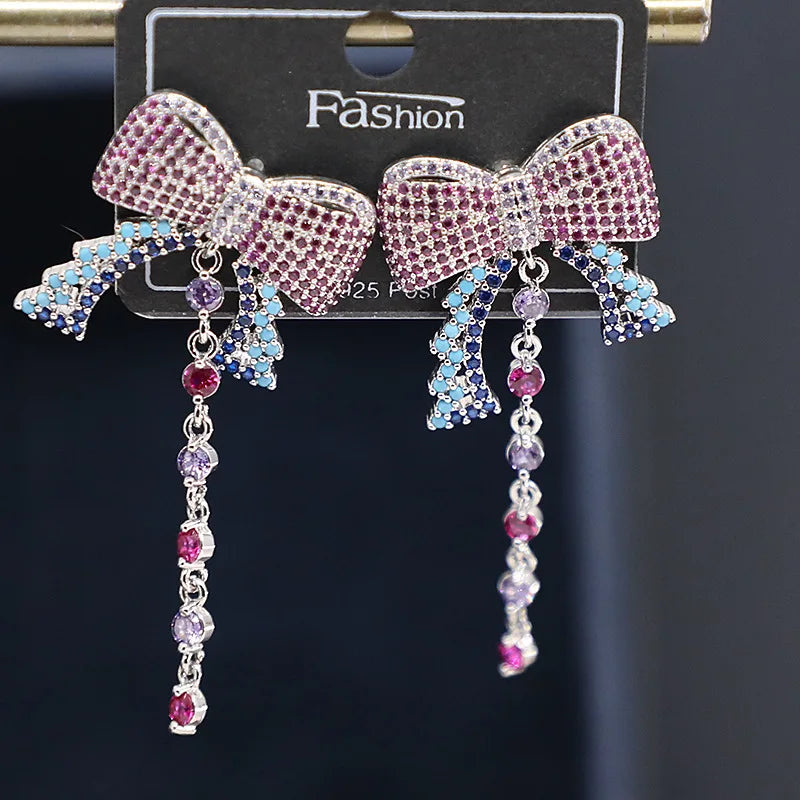 Bilincolor Sweet Bow Tassel Earrings Inlaid with Zircon for Women