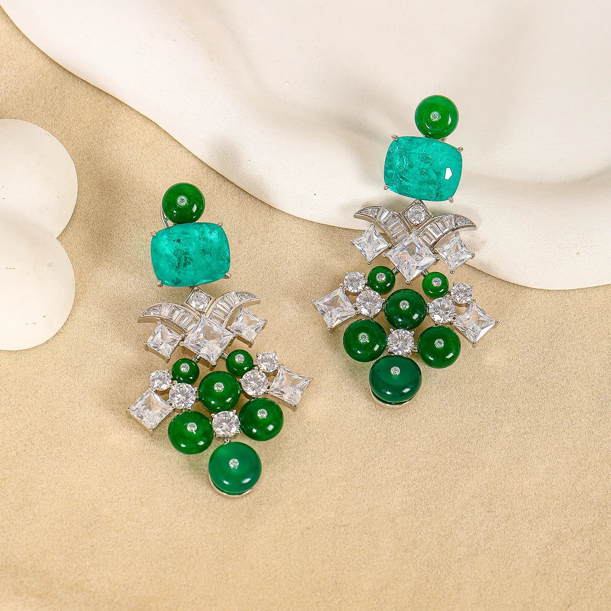 Bilincolor Green Jade Floral Shaped Earrings for Women