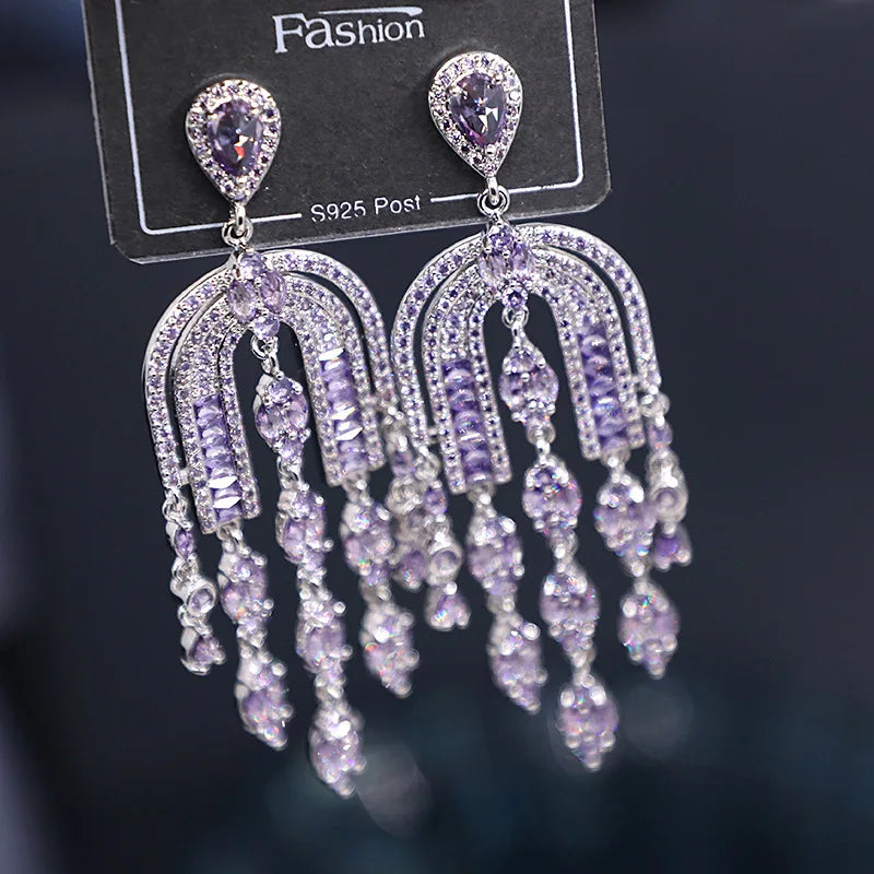 Bilincolor Micro Set Ppurple Zircon Tassel Earrings for Women