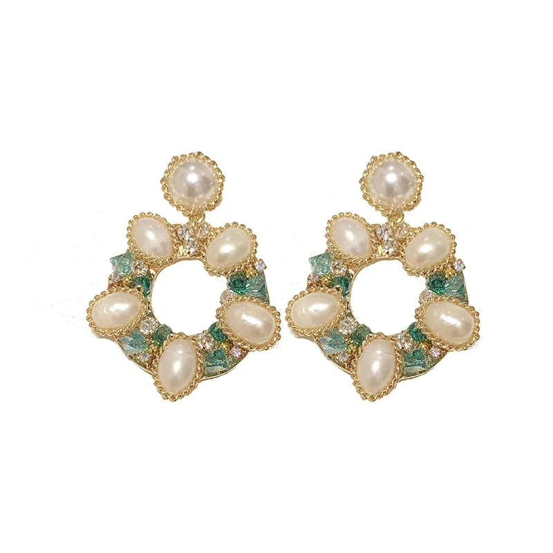 Natural Freshwater Pearl Circle  Green Crystal Retro Baroque  Earrings