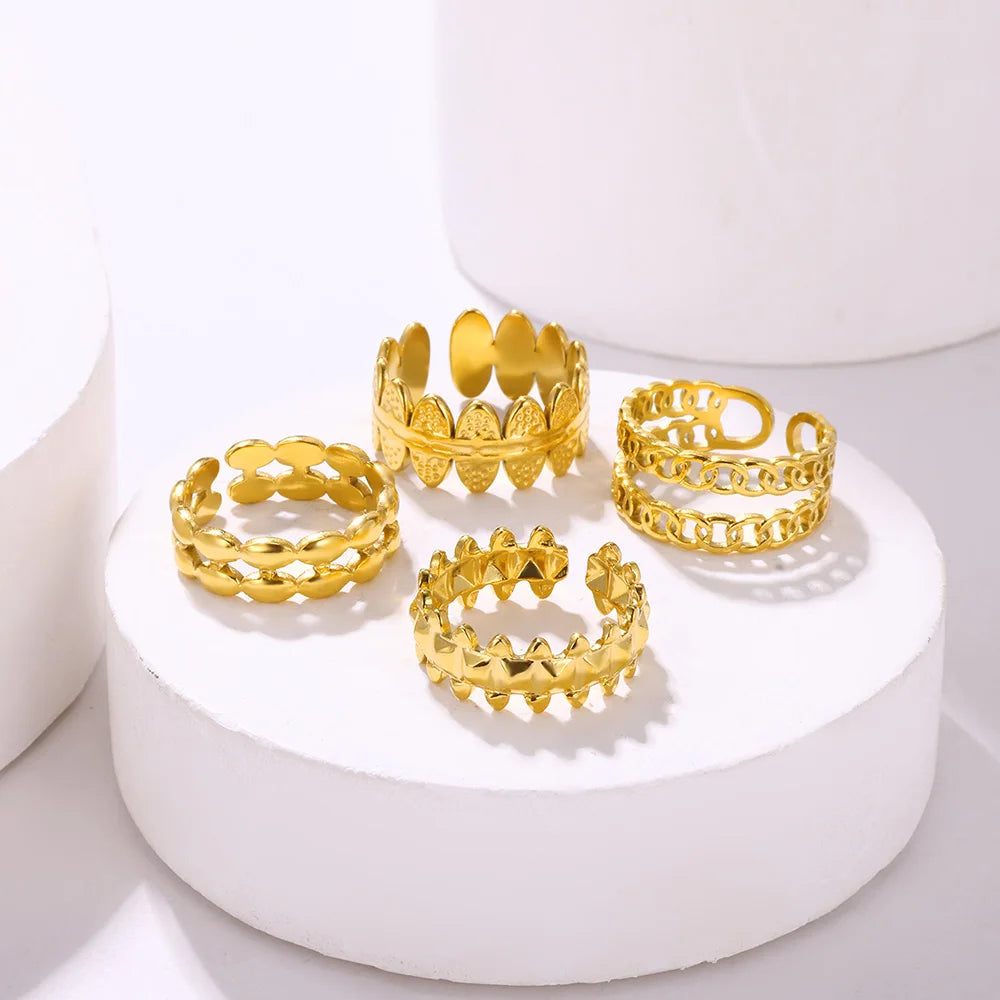 Double Layers Chain Rings for Women Gold Color Stainless Steel Ring Retro Opening Couple Band Party Wedding Jewelry anillos muej