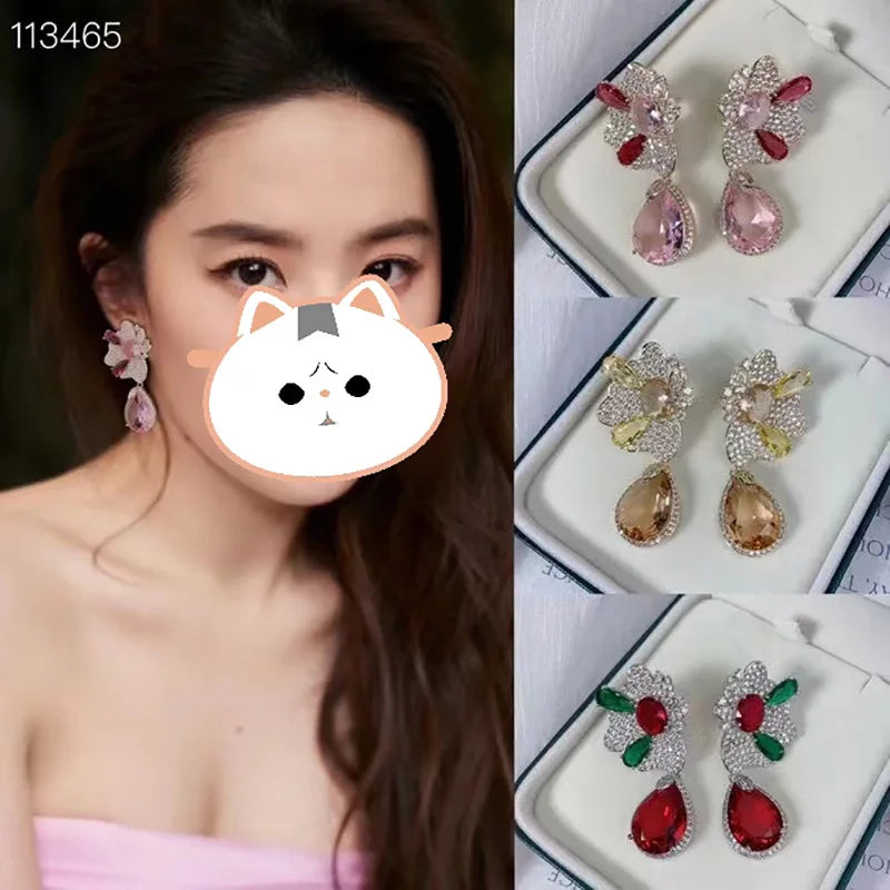 Bilincolor Micro Set Zircon Flower Transparent Water Drop Earrings for Women