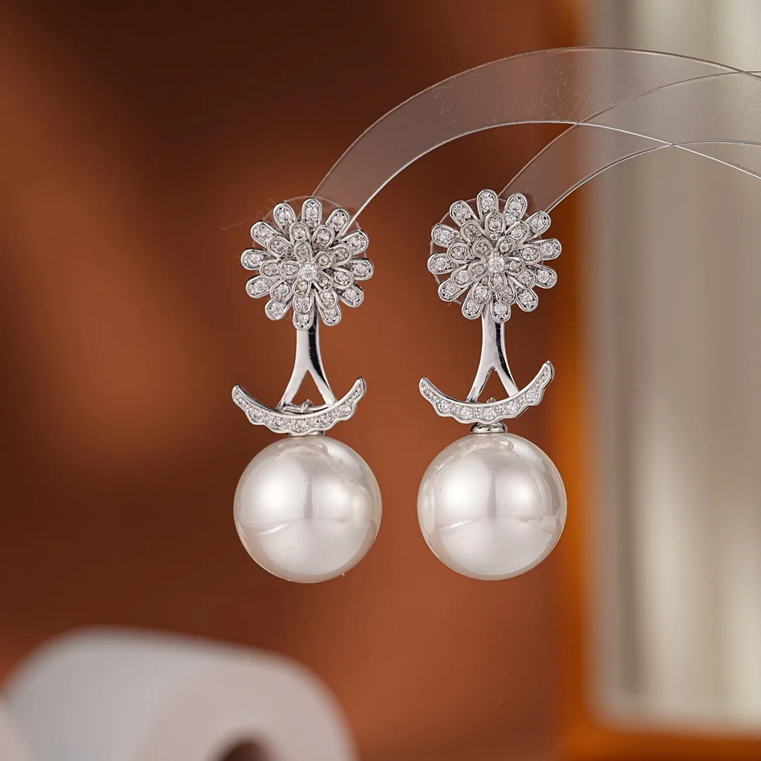 Bilincolor Light Luxury Micro-inlaid Zircon Flower Double-wear Pearl Earrings For Women