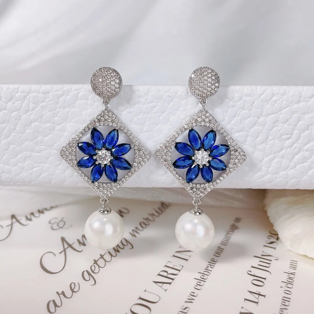 Bilincolor Fashion Pearl Window Flower Colored Zircon Earrings for Wedding or Party