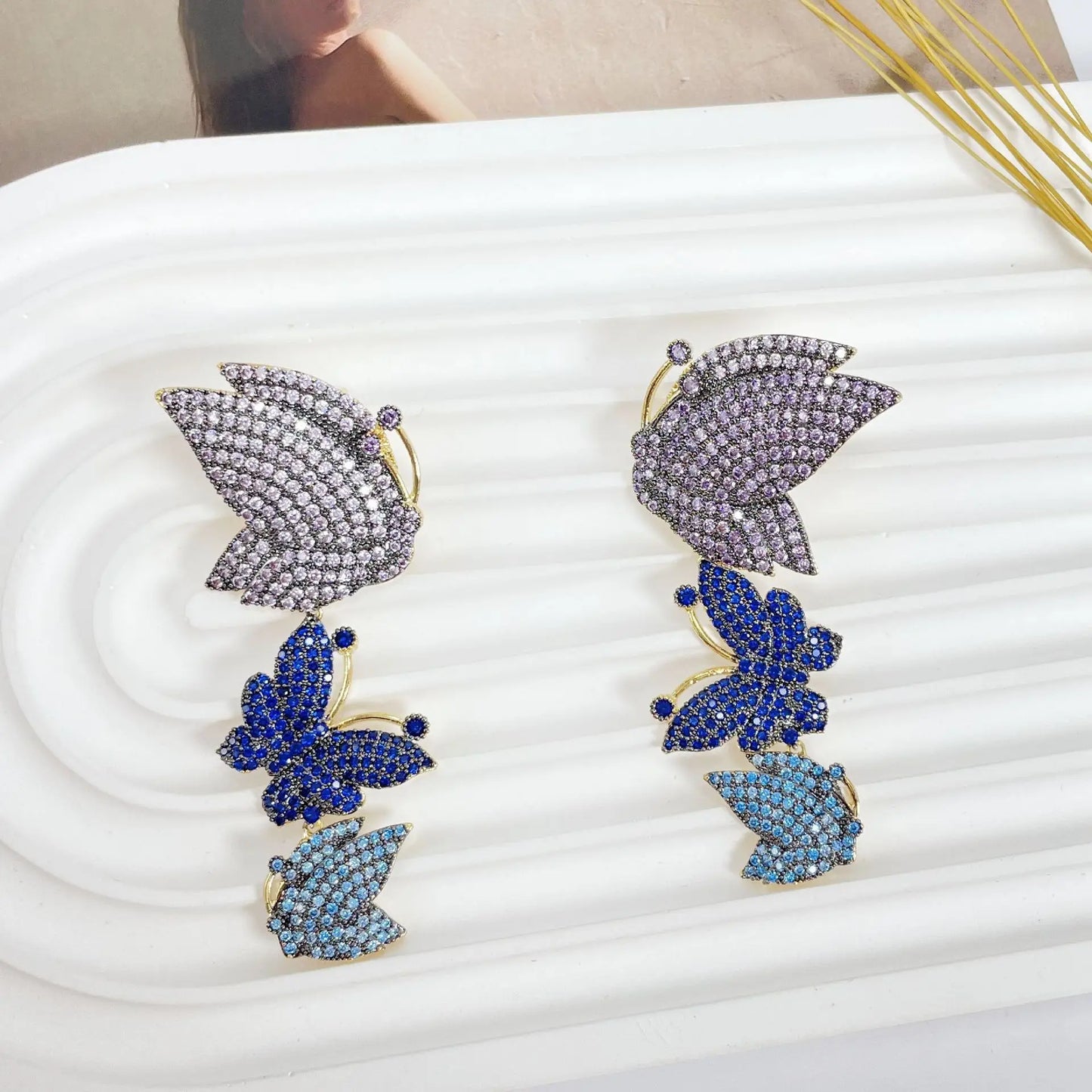 Bilincolor Light Luxury Colorful Zircon Butterfly Earrings for Women