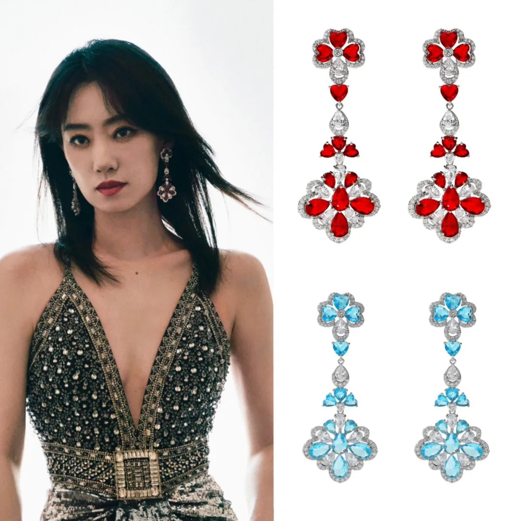 Bilincolor Light Luxury Red Blue Zircon Flower  Earrings for Women