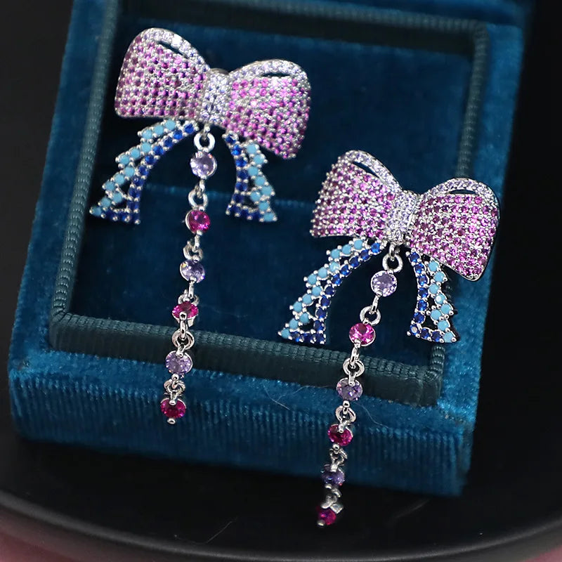 Bilincolor Sweet Bow Tassel Earrings Inlaid with Zircon for Women