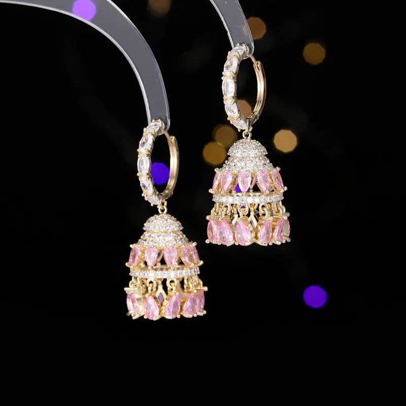 Bilincolor Luxury Heavy Industry Palace Zircon Inlaid Water Drop Tassel 3D Wind Chime Earrings for Women