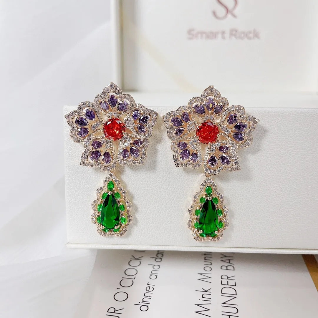 Bilincolor Fashion Micro Inlaid Zircon Three-dimensional Colorful Flower Earrings for Women  or Girls’Gift