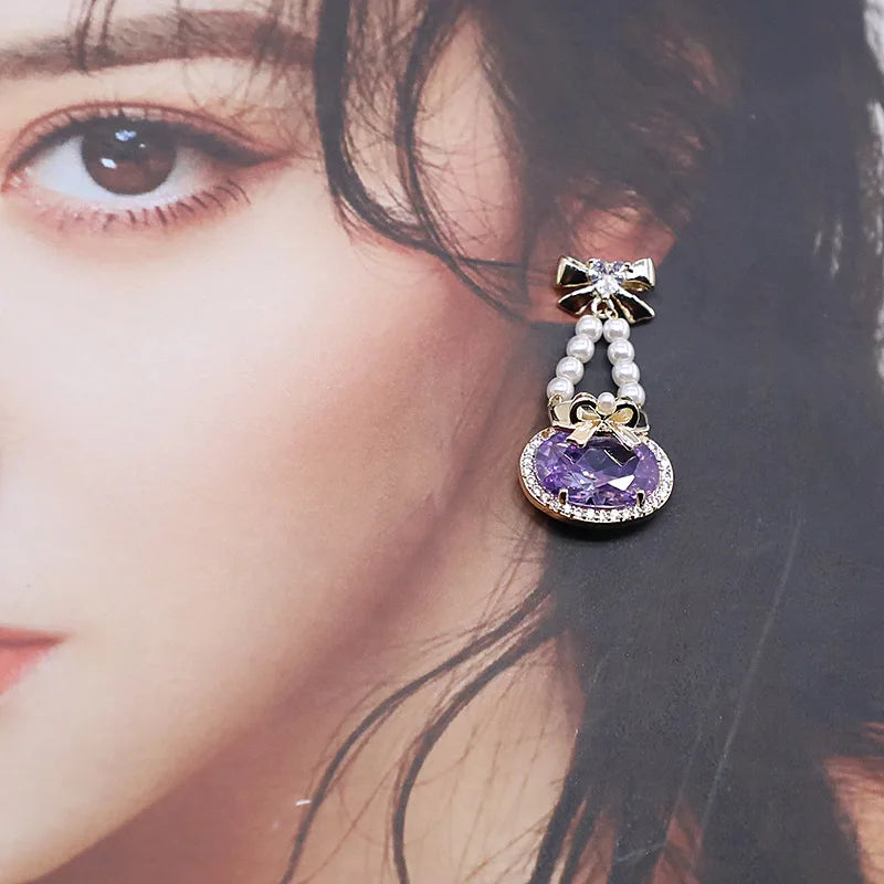 Bilincolor Bowknot Purple Oval Crystal Earrings for Women