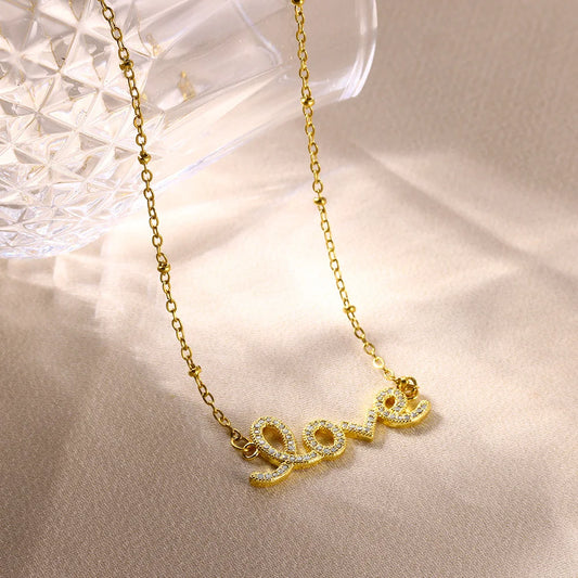 LOVE Pendant Necklace for Women Gold Color Beads Chain Necklaces Cubic Zirconia Charm Stainless Steel Jewelry y2k Accessories