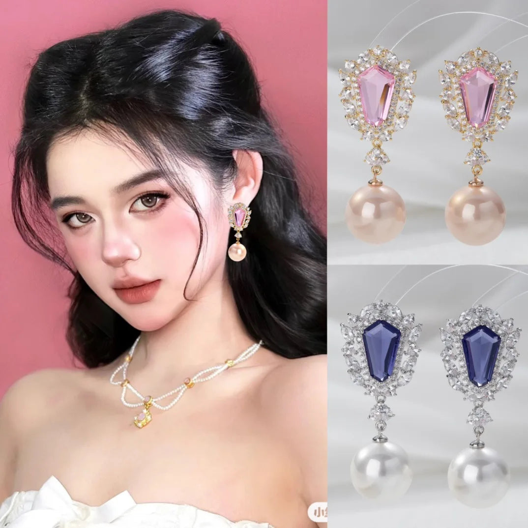 Bilincolor Hexagonal Colored Zircon Pearl Earrings for Women