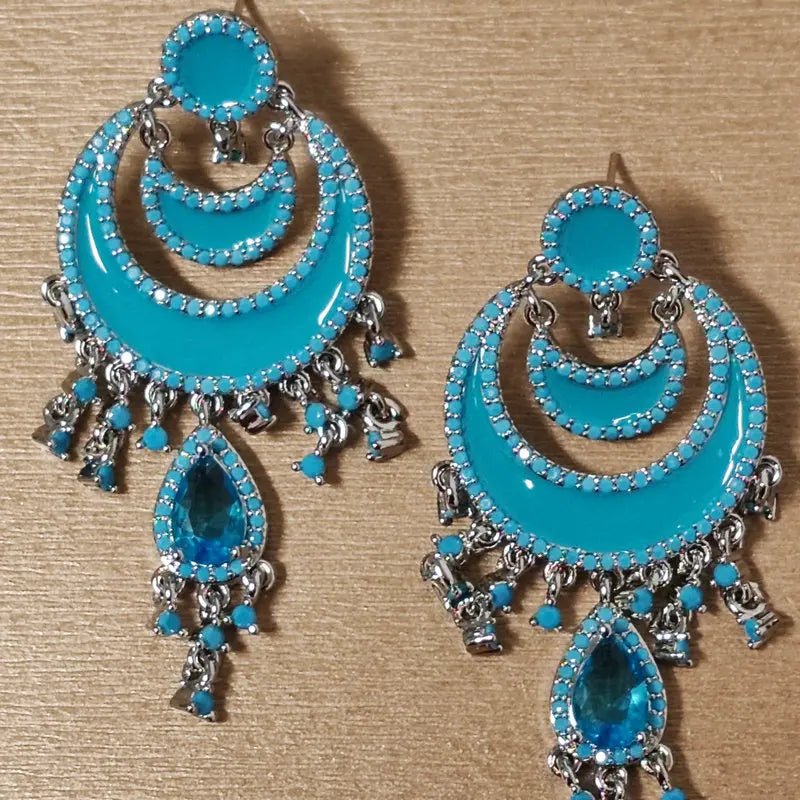 Bilincolor Sea Blue Moon Tassel Earrings For Women