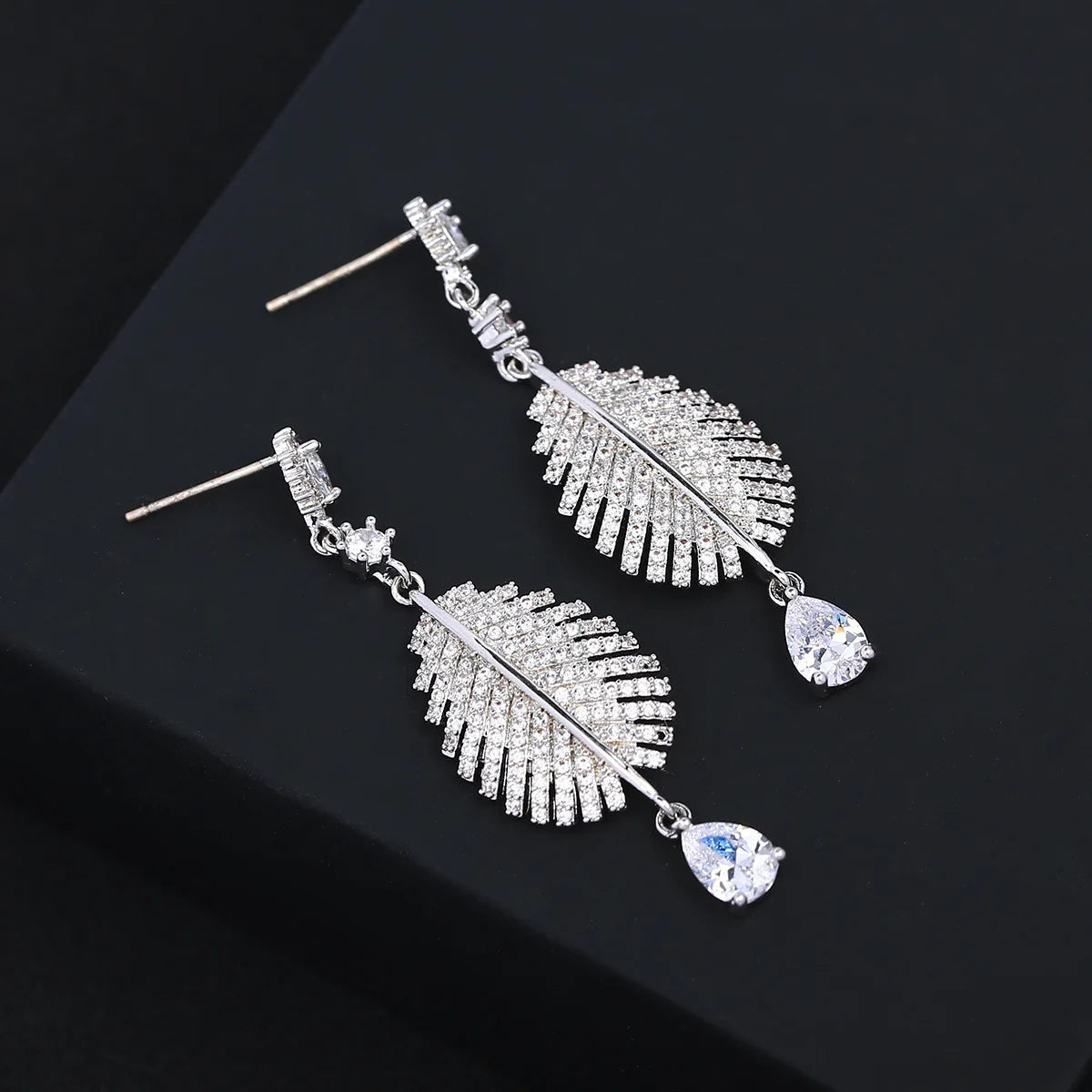 Bilincolor Silvery  Leaf  Zircon Tassel Earrings  for Women