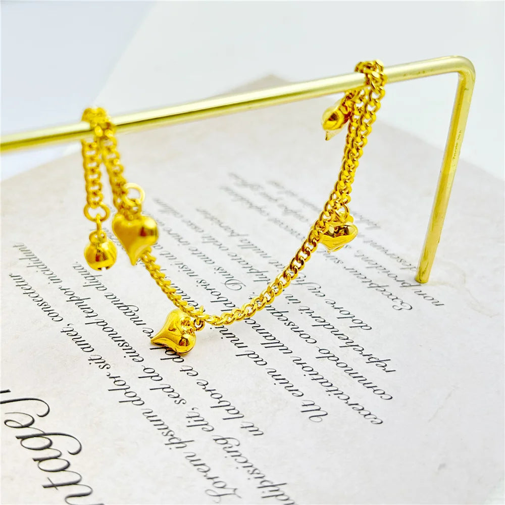 Yellow Gold Color Link Chain Bracelets For Women Five Hearts Charm Bracelet Pulseira Femme Wristband Retro Jewelry Wholesale