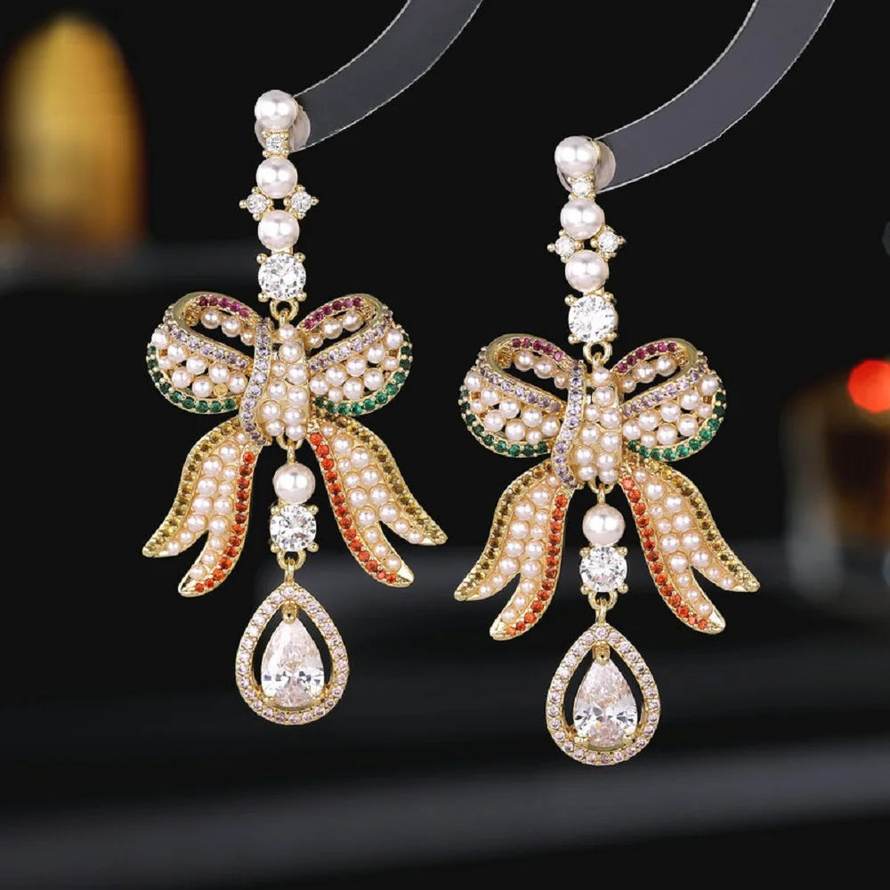 Bilincolor Romantic and Elegant Heavy Industry Water Drop Pearl Bow Earrings for Women