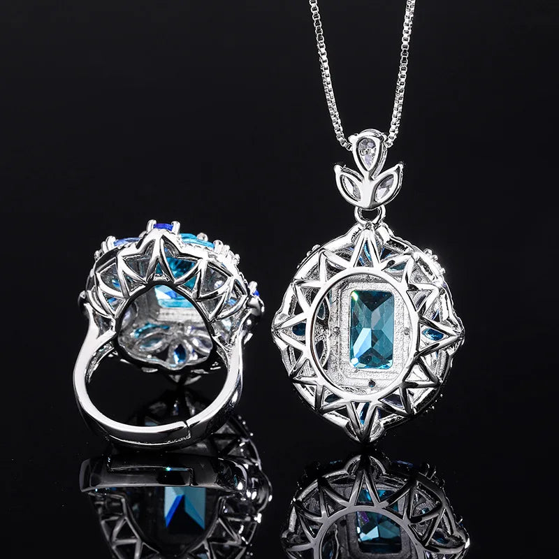 Bilincolor Copper Base Gold-plated Imitation Topaz Blue Ring Necklace Jewelry Set